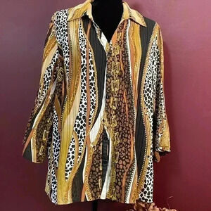 Fashion Bug 1X Animal Print Bell Sleeves Chain Link Print Crinkle Blouse